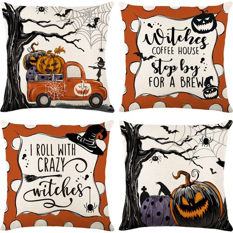 4er-Set Halloween-Kissenbezüge, Halloween-bedruckte Kissenbezüge, lustige Kürbisbuchstaben, Kissen zur Dekoration für die Feiertage (45x45 cm) (1/4)