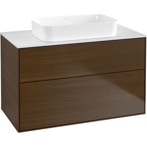 Finion, Mobili lavabo, 1000 x 603 x 501 mm, Angolare, senza foro rubinetto, modello sospeso, In legno, lavabo centrale, Impiallacciato Noce (1/5)