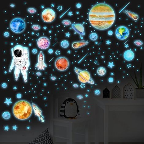 juego de pegatinas luminosas de planetas y estrellas que brillan en la oscuridad, pegatinas de pared de planetas y astronautas, color azul (1/5)