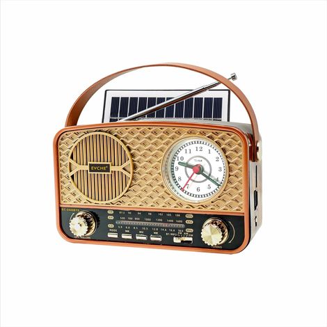 Radio solar retro AM/FM/SW - Radio retro con Bluetooth - Radio vintage tipo maleta con cable de alimentación - Baterías recargables - Con función de reloj - Con función USB/TF/AUX - Para oficina (1/2)