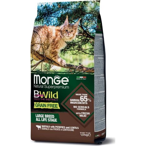 Monge Cat Bwild Grain Free Adult Large Breed All Life Stage Bufalo e Patate - Sacco 1,5 Kg - Cibo Secco Gatti