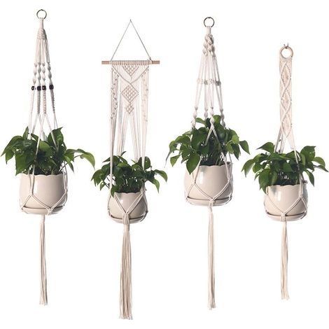 Jardinière Suspendue en Macramé, Lot de 4 Jardinières Suspendues en Corde de Coton pour Décoration Murale Intérieur Extérieur Plafond Balcon, Blanc (1/5)
