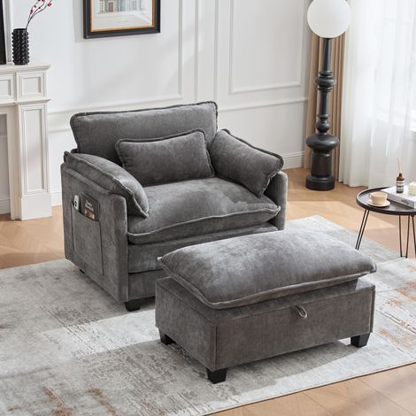 Fauteuil moderne surdimensionné repose-pieds tabouret velours poches latérales coussins salon chambre appartement-Da.