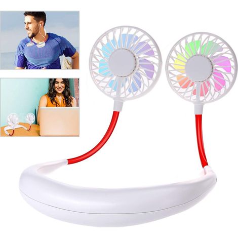 Ventilateur de cou portable USB rechargeable, double tête, 3 vitesses, blanc, mini brise-vent pour camping et extérieur (1/5)