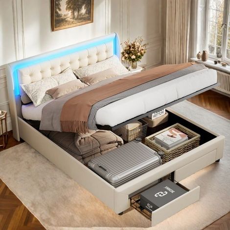 Doppelbett 140x200 cm aus beigem Samt, gepolsterter Bettrahmen mit Lattenrost und LED-Beleuchtung, 2 Schubladen, Bett mit Stauraum, für 2 Personen