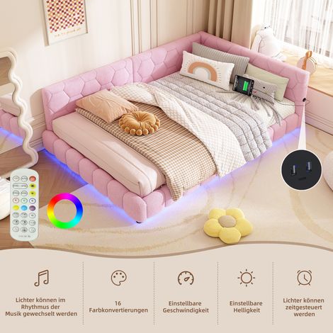 Canapé-lit rembourré 140x200 cm, LED, port USB, Type-C, lit adulte/enfant, sans matelas, Imitation cachemire, rose (1/5)