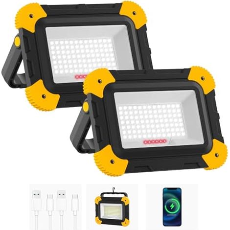 2 Pièces Projecteur Led Rechargeable, 5 Modes Lampe de Chantier Batterie avec Câble USB, 4000mAh Eclairage Chantier Portable, IP65 Étanche Lumiere Chantier pour Garage, Camping, Pêche (1/5)