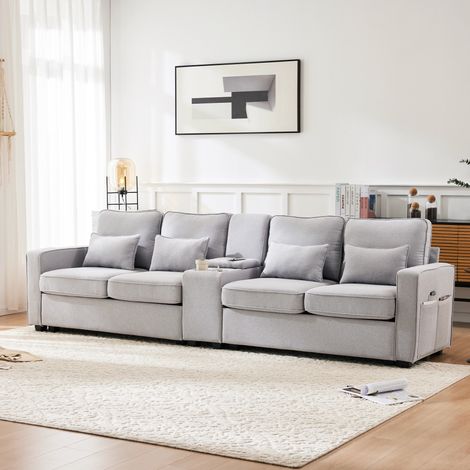 Canapé 4 places en tissu lin gris avec console, porte-gobelets et ports USB, 290x83x88 cm (1/5)