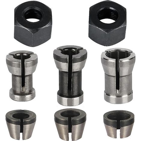 Lot de 6 mandrins de serrage en acier au carbone pour le travail du bois avec fraiseuse, fraise à graver, coupe du bois, défonceuse 6 mm, 6,35 mm, 8 mm, avec 2 écrous (1/5)