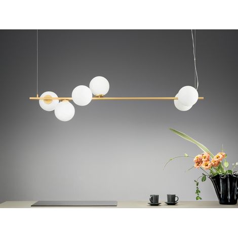 Pendelleuchte ENOIRE 6-flammig Gold mit Glaskugeln in Opalweiß, Breite 120cm