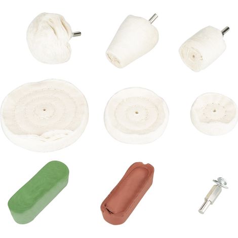 Ortviai Kit de 9 roues à polir coniques, cylindriques et champignons + pâtes brune et verte pour métaux, bois, plastique (1/5)