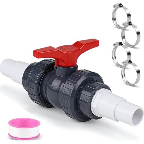 Robinet à boisseau sphérique avec raccord de tuyau, robinet d'arrêt en PVC avec 1 robinet d'arrêt 1 1/2" (50 mm) et 2 douilles de tuyau 32-38 mm, valve d'arrêt de piscine à boisseau sphérique (1/5)