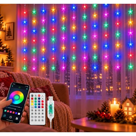 Tenda Luminosa Natale 80 LED Stelle RGB Multicolore 3x0,8 Metri USB 5V con Telecomando APP Smartphone Timer e Musica per Finestre e Interni (1/5)