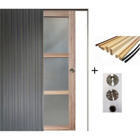 Porte Coulissante Bois Frake Vitrée H204 X L73 Cm, Galandage, Kit Finition (coquille Et Tire Doigt) Gd Menuiseries