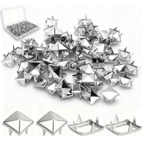 Lot de 1000 clous pyramidaux argentés – Pointes carrées 10 mm – Rivets punk – Pour vêtements, cuir, sacs, colliers (1/5)