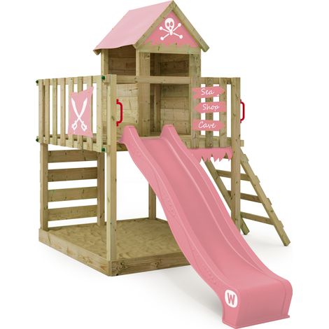 Holzspielhaus Wickey Smart Life mit Rutsche und Sandkasten in Hellrosa