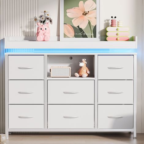 Cassettiera con 8 cassetti in tessuto, illuminazione a LED RGB e porte USB - Mobile madia 108x30x82 cm per soggiorno e camera da letto - Bianco