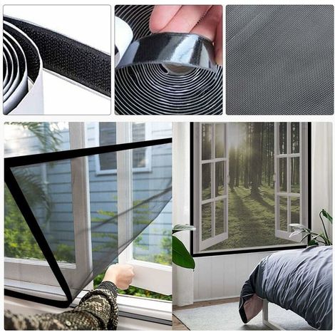 Juego de 2 mosquiteras para cortar uno mismo - No requiere taladro - Con tira de velcro - 130 cm x 150 cm - 2 tiras de velcro negras (1/5)