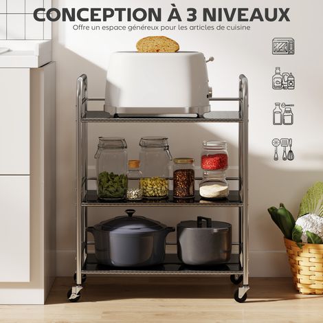 Desserte Cuisine Acier Inoxydable 201 Chariot Service 3 Niveaux Réglable avec Roues Frein Poignées Argenté 60x35x77cm (1/5)