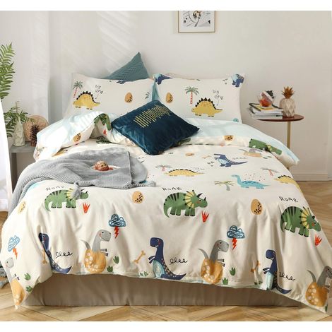 Parure de lit Dino 135x200 cm pour enfant, Housse de couette multicolore, 100 % coton, Housse de couette réversible, Pour fille et garçon, Avec taie d'oreiller de 80x80 cm et fermeture éclair (1/5)