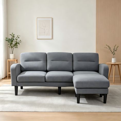 Canapé d’angle compact 3 places 204x136x80cm avec méridienne modulable, coussins amovibles et 6 poches latérales,tissu gris (1/5)