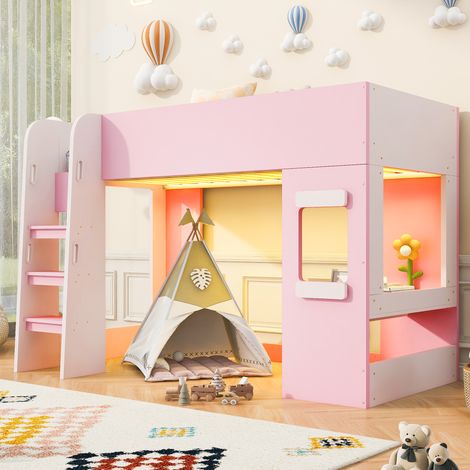 Lit mezzanine 90x200 cm avec bureau intégré, éclairage LED, échelle à larges marches et garde-corps hauts, contreplaqué et MDF, rose (1/5)