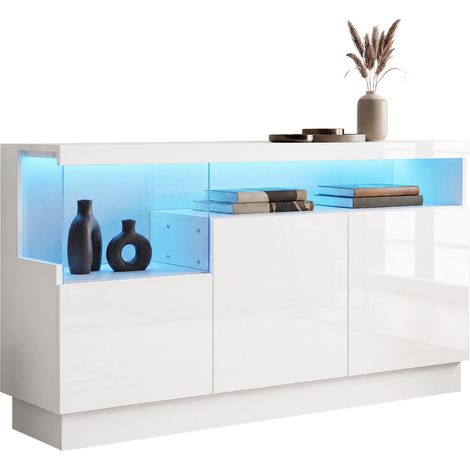 Buffet moderne blanc à 3 portes, façade brillante, niche acrylique éclairée LED pilotée par application, grand rangement pour salon, salle à manger  CHICFURN (1/5)