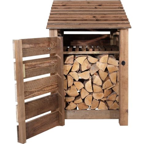 Wooden log store, Slatted timber storage with door and kindling shelf (W-79cm, H-126cm, D-88cm) brown finish