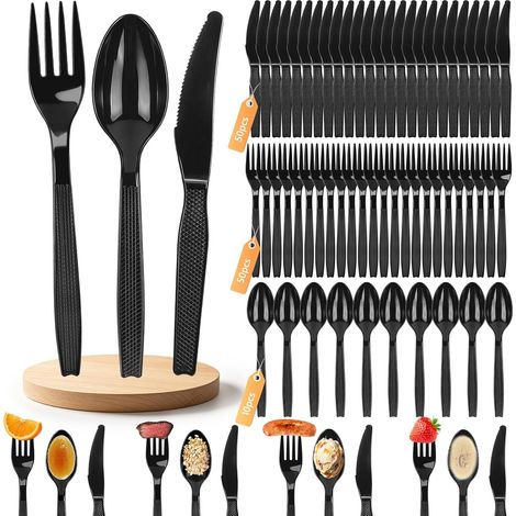 110 PCS Couverts en Plastique Reutilisable, Noir Couvert 50 fourchettes, 10 Cuillères et 50 Couverts de Table, Parfaits pour Fêtes d'Anniversaire, Barbecues, Mariages, Camping (1/5)