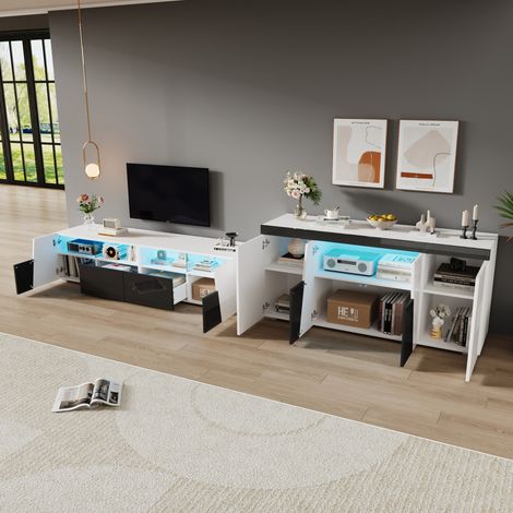 Mueble TV combinado con aparador, LED Bluetooth, blanco y negro, MDF y vidrio HAVRYA (1/5)