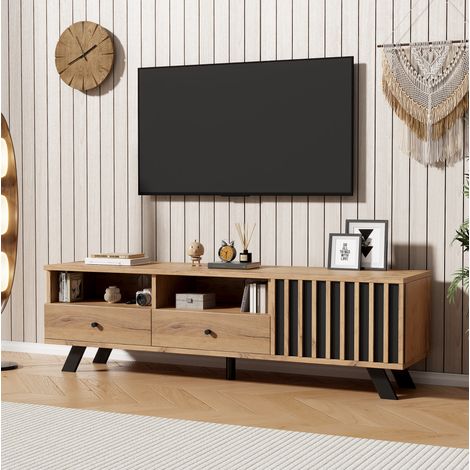 Mueble para TV de tablero de partículas en color madera natural y negro, 150x38x44 cm, 2 cajones y 1 armario (1/5)