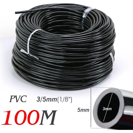 Tuyau d'irrigation goutte à goutte (D-100M) en PVC noir souple de 9,5 mm (3/8") pour système d'arrosage de plantes en serre.