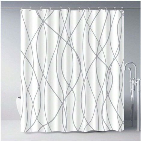 Rideau de douche en polyester rayé gris et blanc pour salle de bain avec crochets, rideaux 180 x 180 cm, ourlet lesté, accessoires de salle de bain style hôtelier - imperméable, lavable en machine, dé (1/4)
