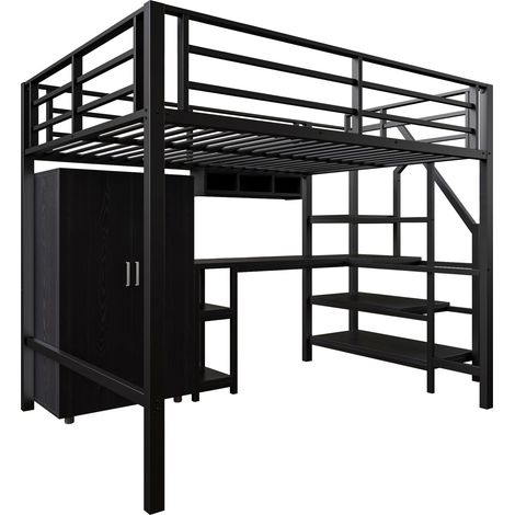 Cama alta 140 x 200 cm de metal y MDF con escritorio armario estanterías negra (1/5)
