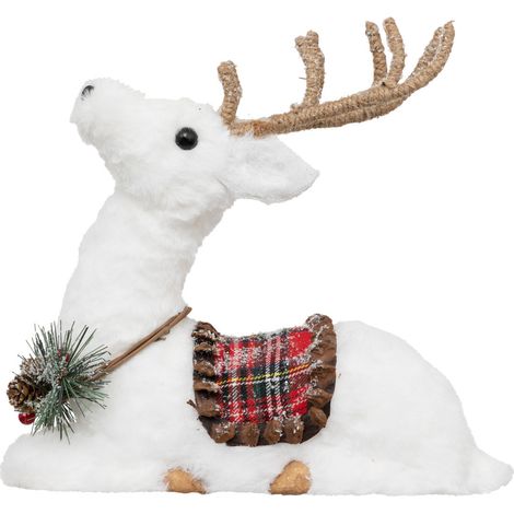 Déco de Noël Renne Blanc avec Selle à carreaux Rouge et Vert 28 x 12 x H 28 cm - Feeric Christmas