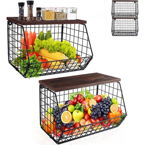 Obstkörbe mit 2 Etagen, hängende Obstschale, großer Obstkorb für die Küche, hängende Obstkörbe mit Deckel