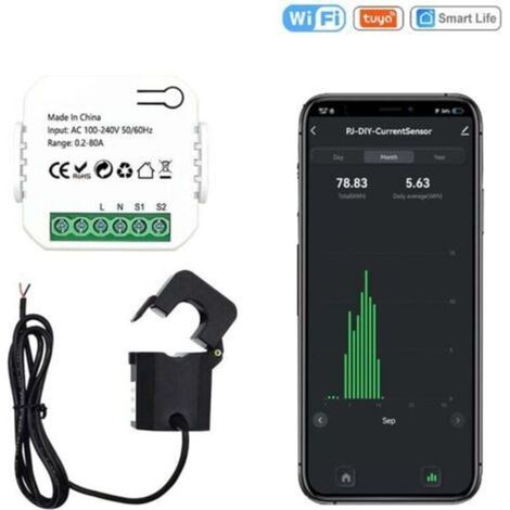 Commutateur intelligent avec compteur d’énergie intégré, 80 A, pince de courant, compatible Tuya Smart Life et WiFi (1/4)