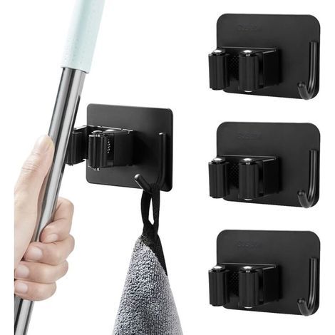 Porte Balais Mural, 4 Pièces en Acier Inoxydable Accroche Balai Mural Placard à Balais Accroche Balai Mural sans Percer pour Salle de Bain, Cuisine, Jardin, Garage, Placard (noir) (1/4)