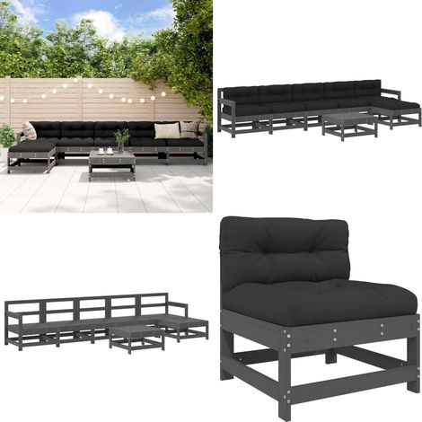 Salon de jardin 7 pcs avec coussins gris bois massif - Salon De Jardin - Mobilier De Jardin - Ensemble Salon - Meubles De Jardin - Bois Massif - Home & Living