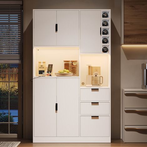 Credenza da cucina bianca 180 x 105 x 40 cm con LED, prese e 3 cassetti OKMYHOME (1/5)