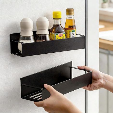 2 articles Étagère magnétique pour ustensiles de cuisine, étagère de rangement latérale pour réfrigérateur, organiseur en métal sans perçage pour cuisine，Noir
