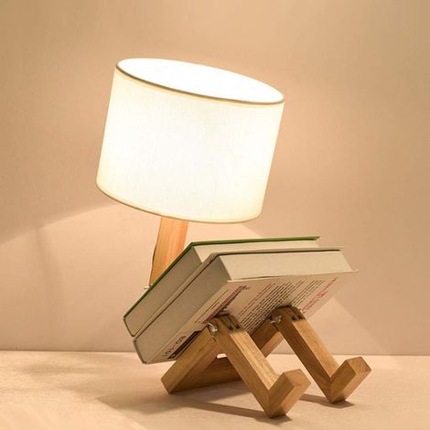 Lampe de table de lecture LED E27, lampe de chevet robot créative en bois avec interrupteur, abat-jour rond en tissu textile, ampoule non incluse (1/5)