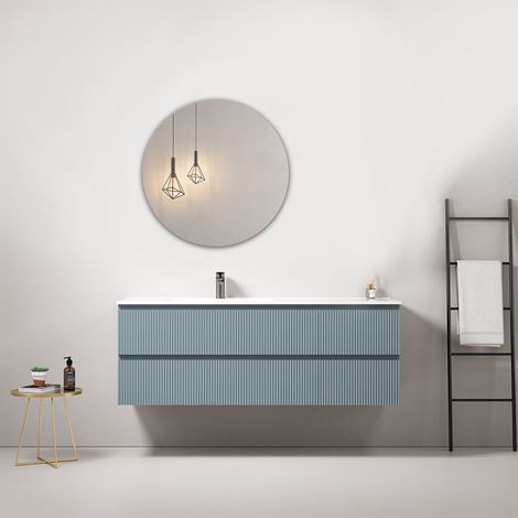 Mobile bagno sospeso cannettato 140 cm Blu Avio Lavabo a Sinistra in Resina Specchio Tondo - Fiji Paint (1/4)