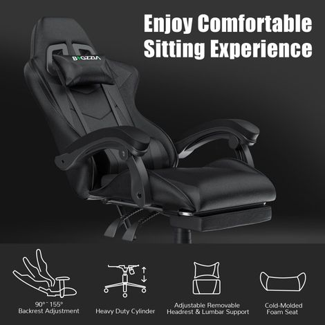 Ergonomic PU Leather Racing Gaming Chair with Footrest 155° Reclining Backrest Swivel Office Chair Black