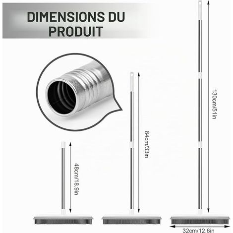 Balai Sol avec Manche Long 130 cm, Balai Caoutchouc avec Raclette à Eau, Élimine Les Poils de Chien et Chat pour Tapis, Parquet, Carrelage et Fenêtres (1/4)