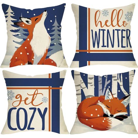 Fundas de cojín decorativas Hello Winter Fox de 45 x 45 cm (juego de 4). Decoración cálida para exteriores con estampado de abedul blanco y pino. (1/4)