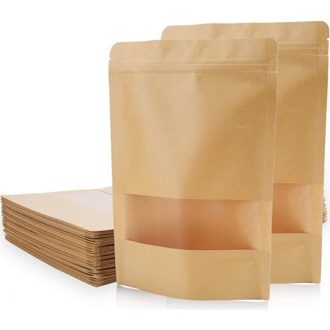 30 sacs en papier kraft 12x20+4 cm avec zip réutilisable et fenêtre transparente, emballages alimentaires écologiques (1/5)