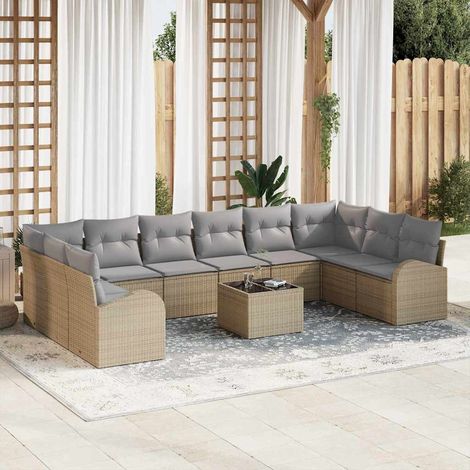 Gartensofa-set mit Kissen 11 pcs Beige und Hellgrau Poly-Rattan (1/5)