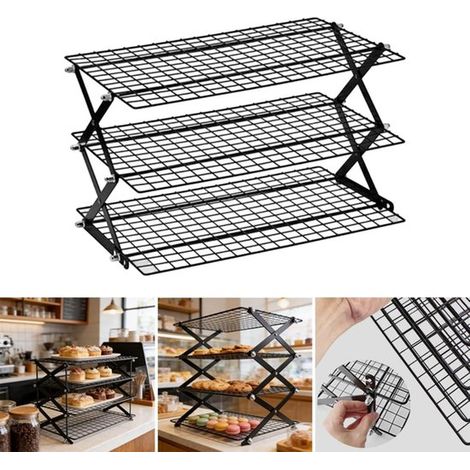 Étagère de refroidissement pliable à 3 niveaux - Étagère à gâteaux - Grille de refroidissement - Étagère de cuisine - Métal - Noir (1/5)