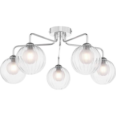 Dar Feya Plafonnier semi-encastré Feya à 5 lumières, finition chrome poli et verre clair/opale (1/2)